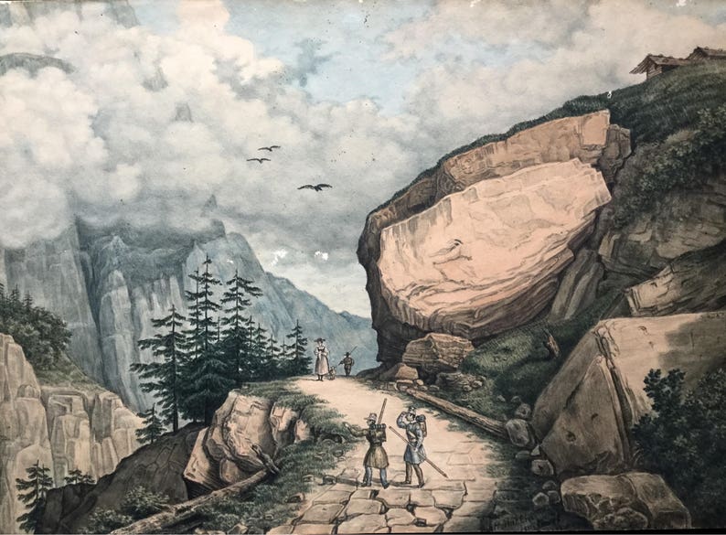 19th Extraordinary French AQUARELLE SIGNED Martin Mountain landscape with 4 characters French painter Art From France image 9