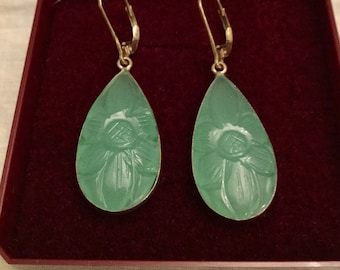 CAMEO CARVED CALCEDONY Sterling Vintage Earrings - Natural Carved Stone - Sterling silver - Vintage unique Jewelry - from France