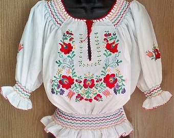 Traditional white Matyo Hungarian Hand Embroidered folk art blouse S, M, L size