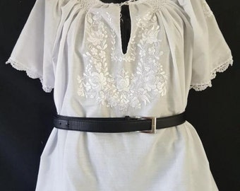 Hungarian Hand Embroidered White Matyo folk art blouse L size