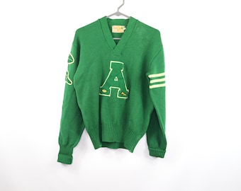 Varsity Letterman Baseball School College University Genuine Leather /& Wool Cream//Navy Green Strips