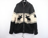 50s Wool Hand Knit Fleece Lined Moose Print Wool Cowichan Jacket Mens XL , Vintage Wool Jacket, Vintage Cowichan Knit Jacket, 50s Jacket,