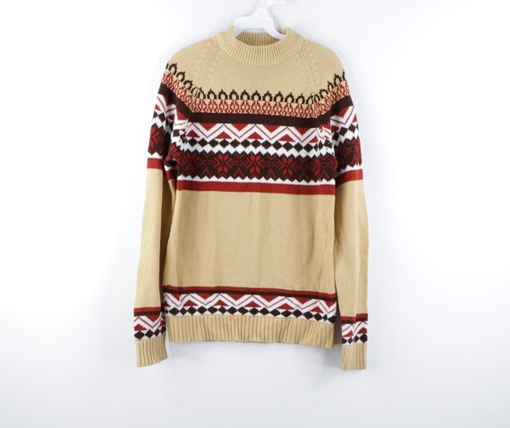 70s Fair Isle Print Acrylic Knit Mock Neck Sweater