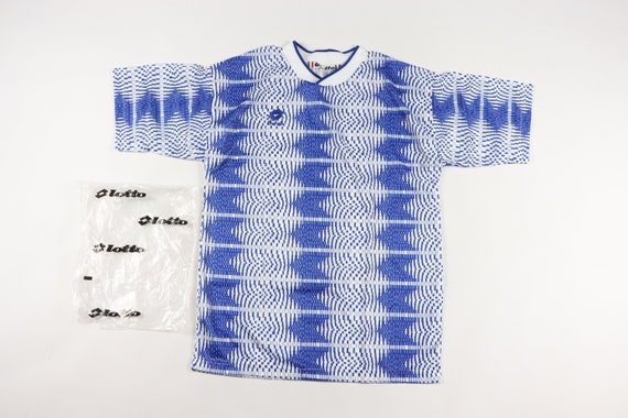 Vintage 90s New Lotto Mens Large Spell Out Striped Splatter Soccer Jersey Blue