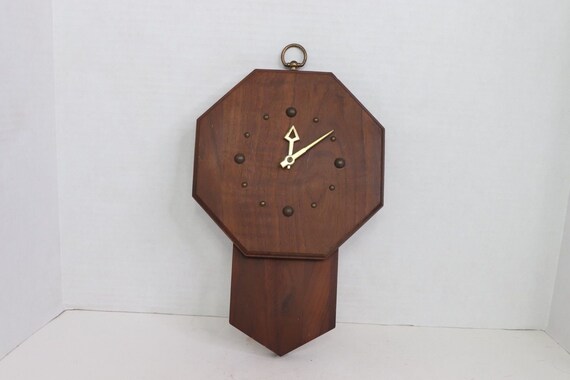 60s Mid Century Modern Abstract Wood Brass Hanging Wall Clock Etsy