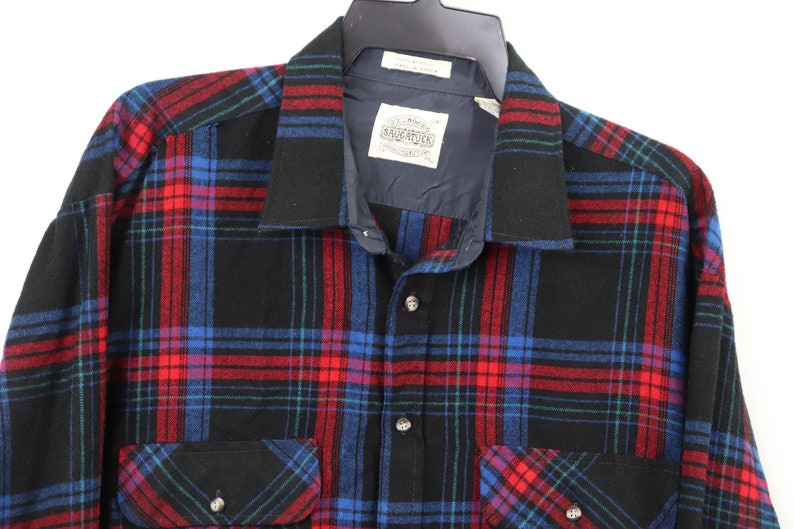 Vintage Plaid Shirt 80s Saugatuck Drygoods Mens 2XL XXL Rockabilly Plaid Board Shirt Blue 80s Rockabilly Shirt Plaid Shirt, 80s Shirt