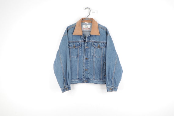 90s Streetwear Distressed Leather Collar Denim Jea