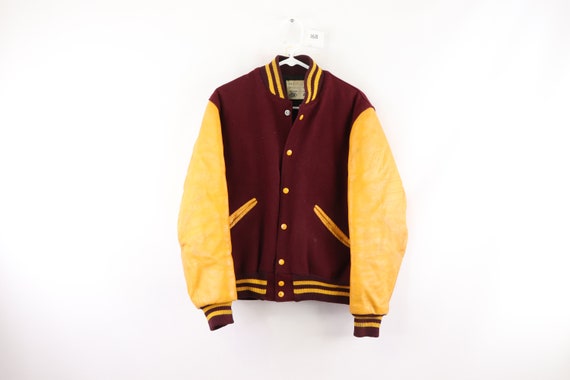 70s Distressed Wool Leather Varsity Jacket Maroon