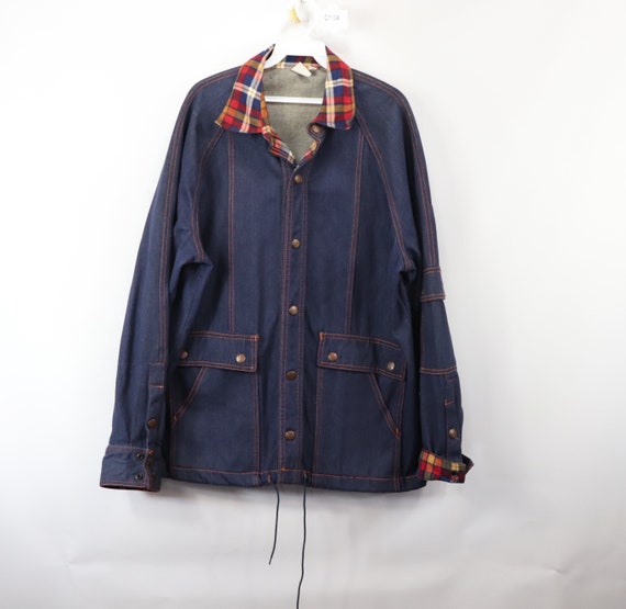 70s Full Button Outdoor Plaid Raw Denim Chore Barn