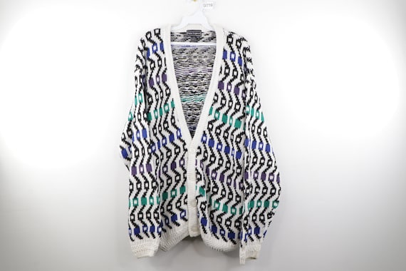 90s Streetwear Abstract Geometric Button Cardigan