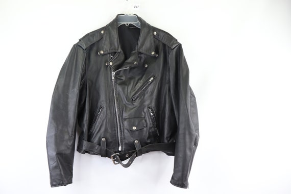 80s Belted Distressed Leather Motorcycle Jacket Bl