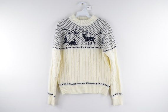 80s Fair Isle Print Reindeer Snow Print Knit Crewn