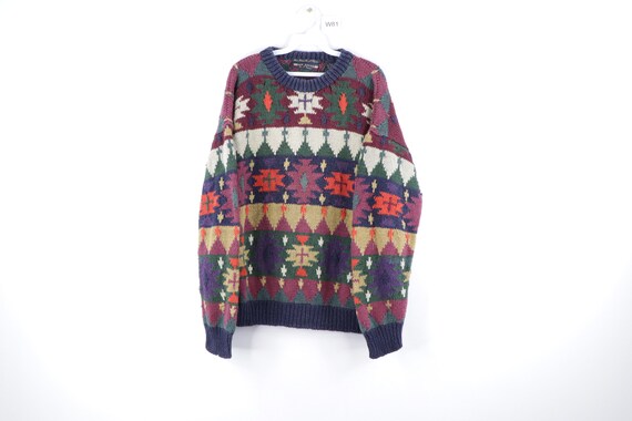 90s Streetwear Geometric Print Hand Knit Crewneck