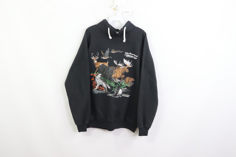 Vintage Mens 1990s Canada Sweater Vintage Nature Sweatshirt 90s Canada Nature Print High Neck Pullover Sweatshirt Black Mens Large