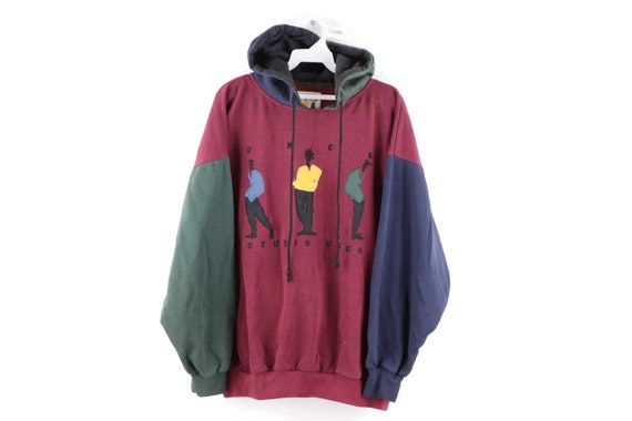 90s Streetwear Distressed Faded Color Block Hoodie