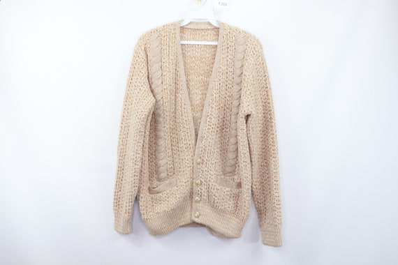 50s Hand Knit Cable Cowichan Cardigan Sweater Beig