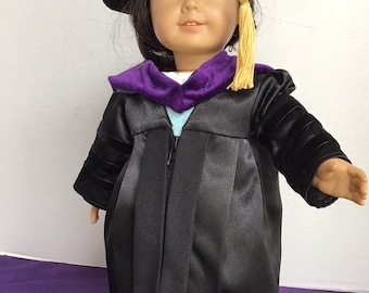 Doctoral Regalia for 18” dolls, including cap, robe and hood.