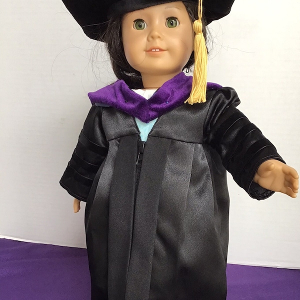 Doctoral Regalia for 18” dolls, including cap, robe and hood.