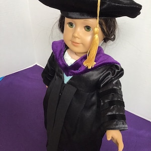 Doctoral gown with velvet stripes for 18” dolls