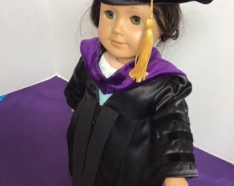 Doctoral gown with velvet stripes for 18” dolls