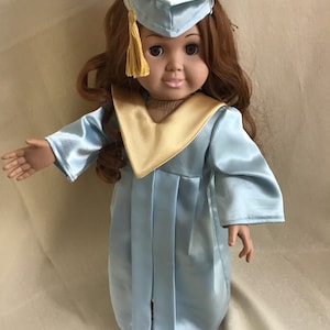 Graduation cap and gown for 18 inch dolls in ice blue and gold-other colors available