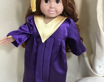 Graduation cap and gown for 18 inch dolls in grape purple with gold sash-other colors available.
