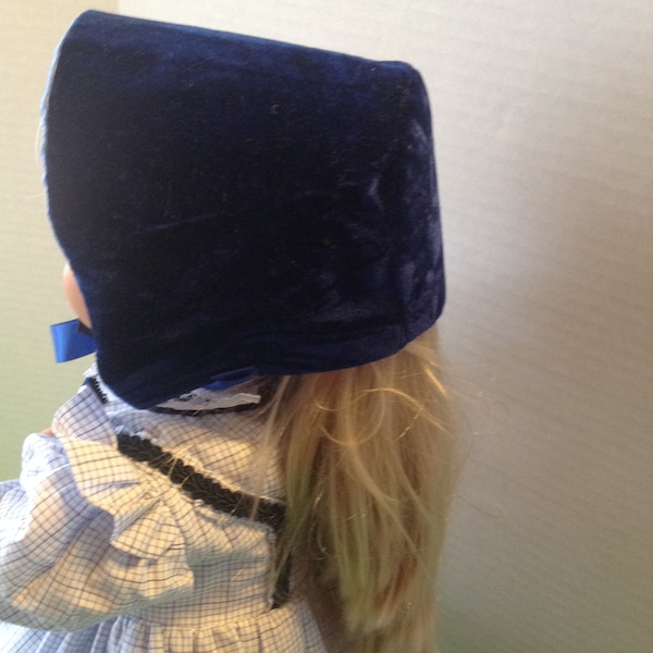 18 inch doll bonnet-Civil War era-Royal blue velvet with light blue lining and lace trim