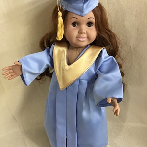 Graduation cap and gown for 18 inch dolls in medium blue with gold sash-other colors available