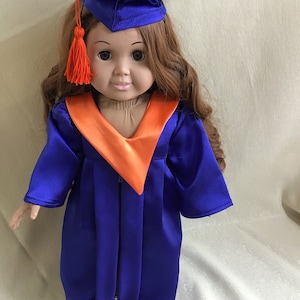 Graduation cap and gown for 18 inch dolls in royal blue and orange-other colors available.