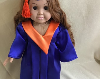 Graduation cap and gown for 18 inch dolls in royal blue and orange-other colors available.
