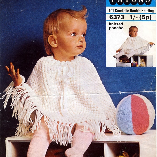 Patons 6373 Vintage Baby Knitting Pattern. Babies Knitted Poncho in DK. Length 11 ins.