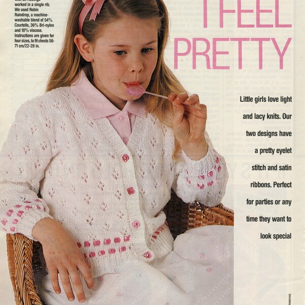 Girl's Lacy Knit CARDIGAN & WAISTCOAT in DK. Eyelet Stitch. Size: 22-28" Chest. Vintage Prima Magazine Pattern.