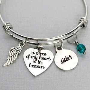 Sister Memorial Bangle Bracelet: Angel Wing, Birthstone Charm