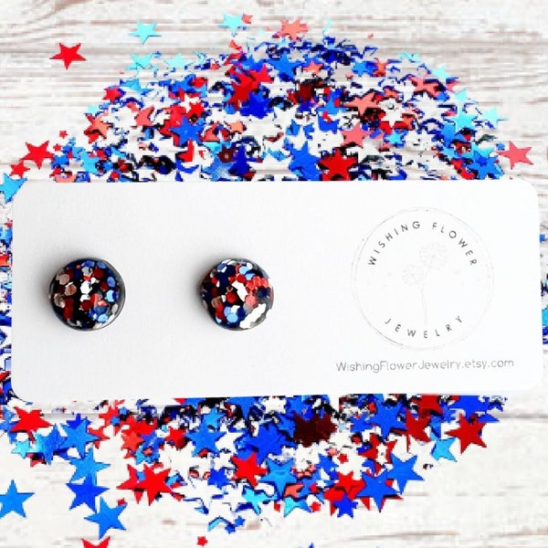 8mm 4th of July Glitter Stud Earrings / Red White and Blue Patriotic Earrings / Hypoallergenic Surgical Steel / Small Stud Earrings