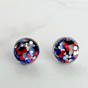 Patriotic Glitter Stud Earrings, 8mm Red White and Blue Studs, Summer Earrings, 4th of July