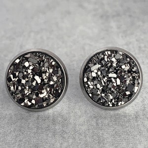 12mm Gunmetal Druzy Earrings / Faux Druzy Studs / Hypoallergenic Stainless Steel / Everyday Earrings