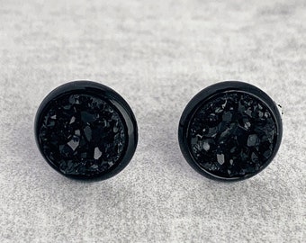 8mm Black Druzy Earrings  / Everyday Earrings / Small Black Stud Earrings