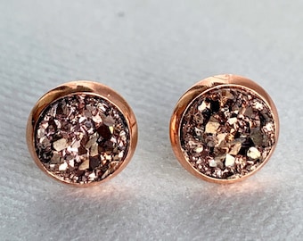 8mm Rose Gold Druzy Earrings / Small Faux Druzy Studs / Everyday Earrings / Bridesmaid Gift