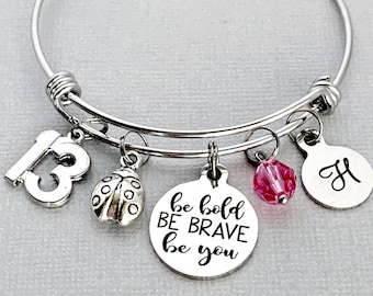 13th Birthday Charm Bangle: Initial, Birthstone Bracelet