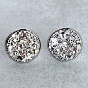 12mm Silver Druzy Stud Earrings, Hypoallergenic Everyday Earrings