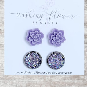 Lavender Succulent Stud Earring Set, Hypoallergenic Earring Gift for Her, Purple Druzy Studs