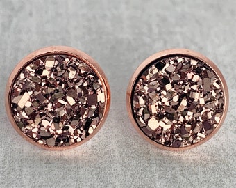 12mm Rose Gold Druzy Earrings /Metallic Faux Druzy Studs / Bridesmaid Earrings / Earring Gift for Her