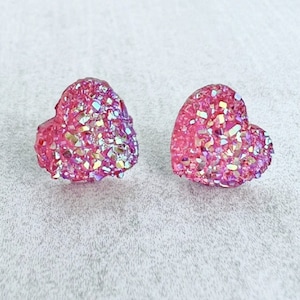 Pink Druzy Heart Stud Earrings, Hypoallergenic Earring Gift for Her, Faux Druzy Studs