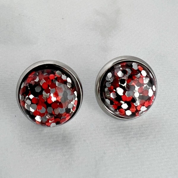Red Black and Silver Stud Earrings / Hypoallergenic Stainless Steel / 12mm Glitter Confetti Studs / Cheer Earrings