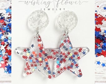 Boucles d'oreilles étoile métallique / Boucles d'oreilles 4 juillet / Rouge, blanc et bleu / Acier inoxydable hypoallergénique / Boucles d'oreilles patriotiques