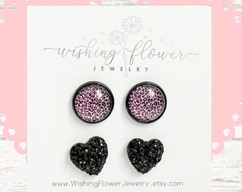 Purple Leopard Heart Earring Set / Black Druzy Heart Studs / Earring Gift for Her