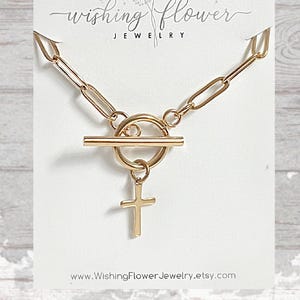 Gold Stainless Steel Cross Charm Necklace: Paperclip Chain with Toggle Clasp