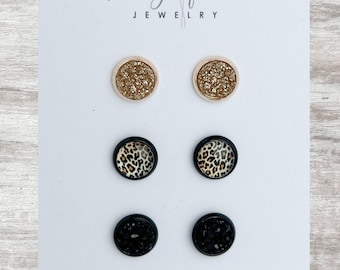 8mm Glam Druzy Earring Set / Leopard Print Earrings / Set of 3 Stud Earrings / Gifts Under 20 / Earring Gift Set