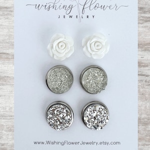 White Rose & Druzy Stud Earring Set: Hypoallergenic Stainless Steel