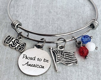 Patriotic Bracelet / Proud to be American / Red White and Blue Charm Bangle / Patriotic Jewelry